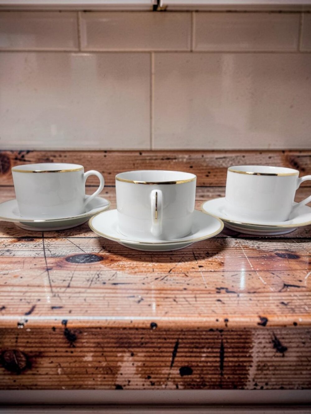 Vintage Set of 3 Pier 1 Gold Trim 8oz Porcelain Coffee Cups and Saucers